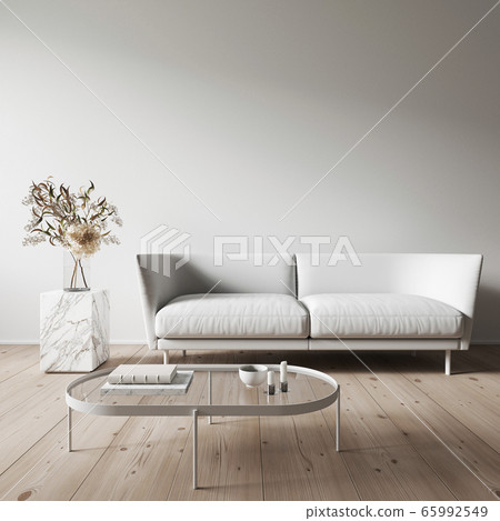 Modern minimalist white interior with orange sofa and coffee table. Modern minimalist white interior with orange sofa and coffee table. 65992549
