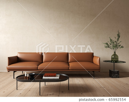 Modern minimalist beige interior with leather orange sofa and coffee table. Modern minimalist beige interior with leather orange sofa and coffee table. 65992554