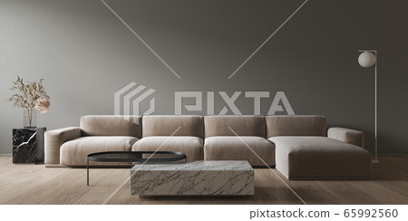 Gray minimalistic interior with marble coffee table and sofa. Gray minimalistic interior with marble coffee table and sofa. 65992560