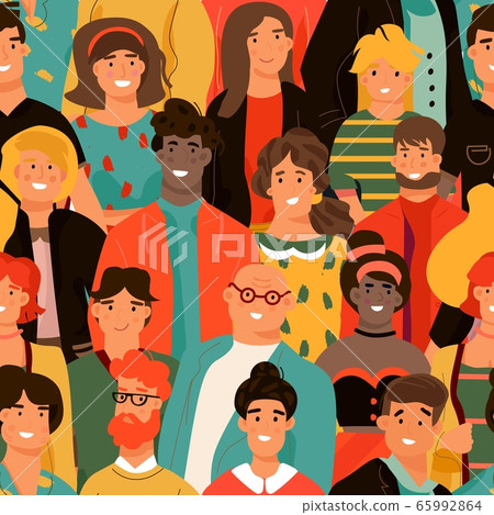 Crowd of people seamless pattern. Group of diverse people background. Young men and women with different skin color. Vector design element Crowd of people seamless pattern. Group of diverse people background. Young men and women with different skin color. Vector design element 65992864