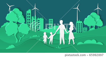 Eco city and family. Paper cut smart city with green energy ecosystem and happy family, friendly ecology concept. Vector paper nature Eco city and family. Paper cut smart city with green energy ecosystem and happy family, friendly ecology concept. Vector paper nature 65992897