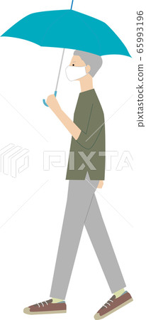 A man in a mask walking with an umbrella 65993196