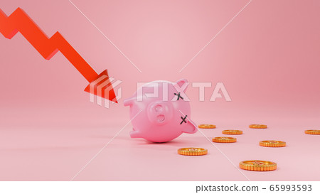 Concept economy or financial crisis represent by dead piggy bank, falling down graph and coins. 3d render illustration. 65993593
