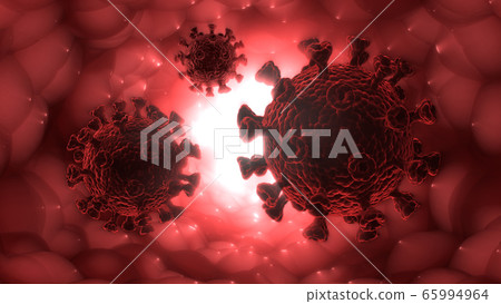 An illustration showing a coronavirus in the alveoli of the lungs. 3D illustration. 3D render. 65994964