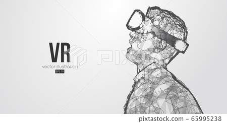 VR headset holographic low poly wireframe vector banner. Polygonal man wearing virtual reality glasses, helmet. VR games playing. Particles, dots, lines, triangles on blue background. Neon light. 65995238