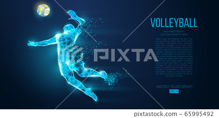 Abstract silhouette of volleyball player man, male with volleyball ball. All elements on a separate layers color can be changed to any other. Low poly neon wire outline geometric. Vector illustration Abstract silhouette of volleyball player man, male with volleyball ball. All elements on a separate layers color can be changed to any other. Low poly neon wire outline geometric. Vector illustration 65995492