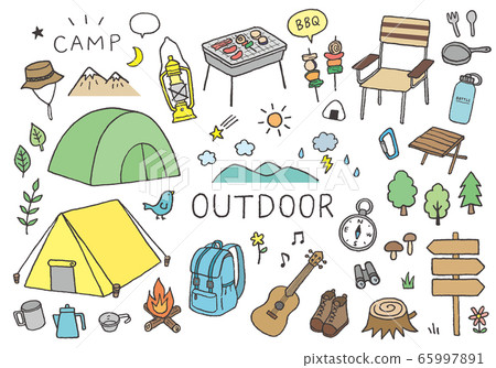 Hand-drawn illustrations related to camping and outdoors (color) 65997891