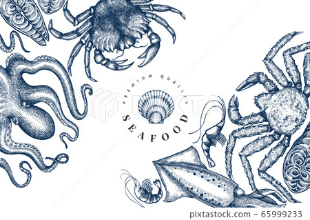 Seafood design template. Hand drawn vector seafood Seafood design template. Hand drawn vector seafood 65999233