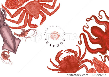 Seafood design template. Hand drawn vector seafood Seafood design template. Hand drawn vector seafood 65999234