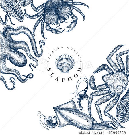 Seafood design template. Hand drawn vector seafood 65999239