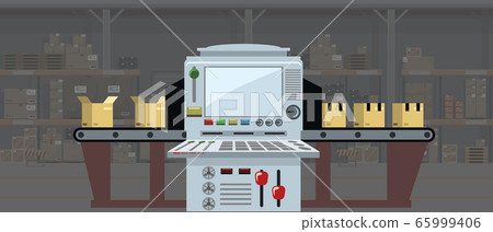 The factory conveyor packing boxes. Conveyor Automatic Production Line with Cardboard Boxes. Vector illustration. The factory conveyor packing boxes. Conveyor Automatic Production Line with Cardboard Boxes. Vector illustration. 65999406