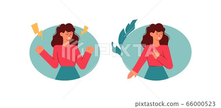 Girl during pms. Female mood swings with menstrual cramps spasms pain calm. 66000523