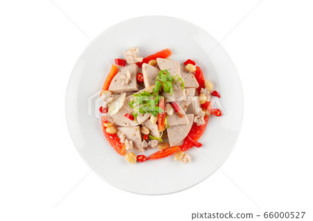 Spicy Vietnamese Sausage Salad on white ceramic Spicy Vietnamese Sausage Salad on white ceramic 66000527