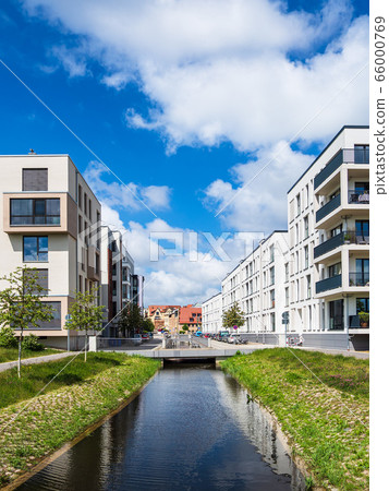 Modern buildings and a canal in the city Rostock, Modern buildings and a canal in the city Rostock, 66000769