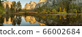 Panoramic view of the reflection of the landscape in the water of the Merced River in Yosemite National Park 66002684