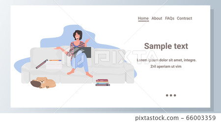 female student or businesswoman sitting on sofa girl in headset using laptop during video conference female student or businesswoman sitting on sofa girl in headset using laptop during video conference 66003359