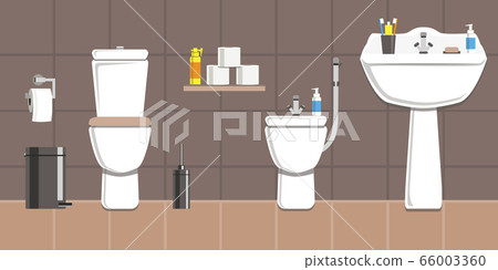 The bathroom in white and brown tones. Vector image in the flat design style. Paper space, space for text The bathroom in white and brown tones. Vector image in the flat design style. Paper space, space for text 66003360