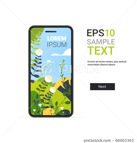 smartphone with beautiful landscape wallpaper on screen isolated on white background 66003363