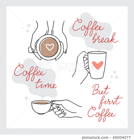 Hands with a cup of coffee, tea or hot drink in a linear style with a beautiful lettering insulated 66004077