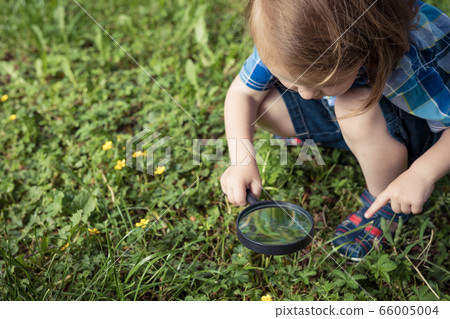 Happy little boy exploring nature with magnifying 66005004