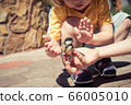 little boy is playing with a chick at the day 66005010
