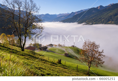 Peaceful misty autumn morning mountain view from Peaceful misty autumn morning mountain view from 66005251