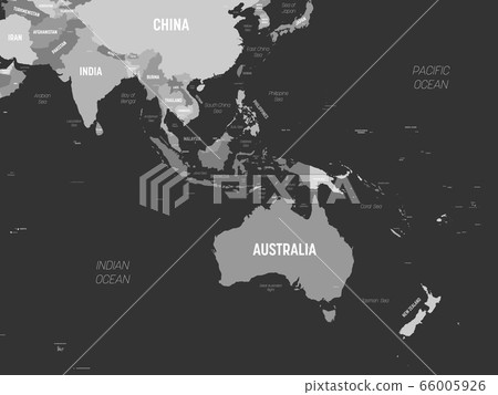 Australia and Southeast Asia map - grey colored on dark background. High detailed political map of australian and southeastern Asia region with country, capital, ocean and sea names labeling Australia and Southeast Asia map - grey colored on dark background. High detailed political map of australian and southeastern Asia region with country, capital, ocean and sea names labeling 66005926