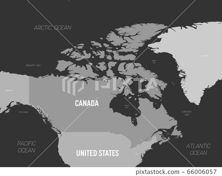 Canada map - grey colored on dark background. High detailed political map Canada and neighboring countries with country, capital, ocean and sea names labeling 66006057
