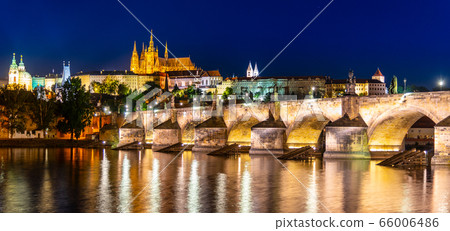 Prague night panorama. Prague Castle and Charles Bridge above Vltava River, Praha, Czech Republic 66006486