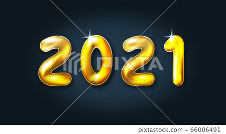 Happy new year 2021. Festive golden metal numbers. Realistic convex sign. Holiday poster or banner design. illustration 66006491