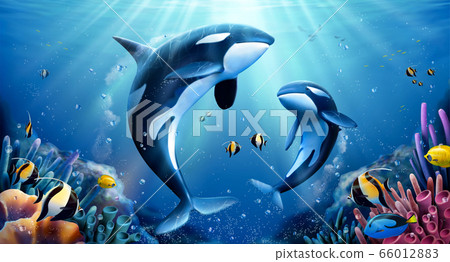 Killer whales family with coral 66012883