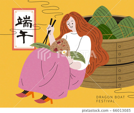 Girl enjoying delicious zongzi 66013085