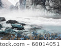 Beautiful mountain river landscape with Blue flowers 66014051