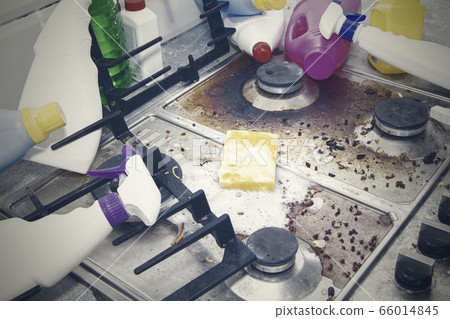 dirty kitchen stove, empty and full bottles of dirty kitchen stove, empty and full bottles of 66014845