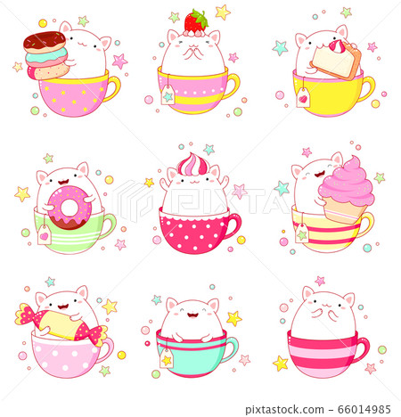 Set of cute cat in tea cup - Stock Illustration [66014985] - PIXTA
