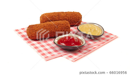 Brown crusty dutch kroket with sauces (mustard and Brown crusty dutch kroket with sauces (mustard and 66016956