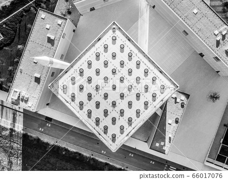 Top aerial view of modern archiecture of islamic religious cultural centre in Ljubljana, Slovenia, Europe. Black and white image 66017076
