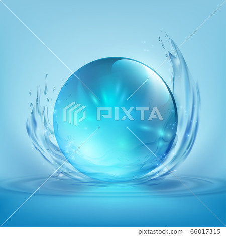 Blue crystal or glass ball on a background of water 66017315