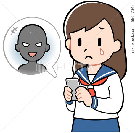 A sad girl looking at a smartphone 66017342