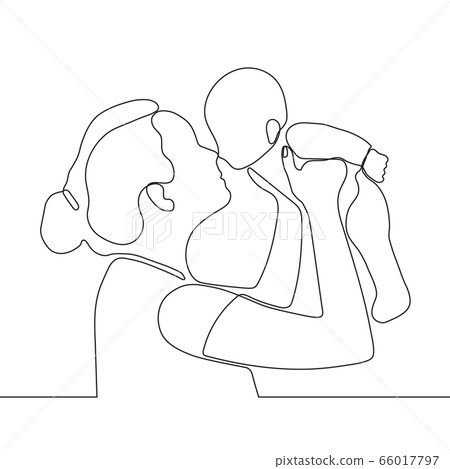 Mother holding little baby in her arms, continuous one line drawing. Mother holding little baby in her arms, continuous one line drawing. 66017797
