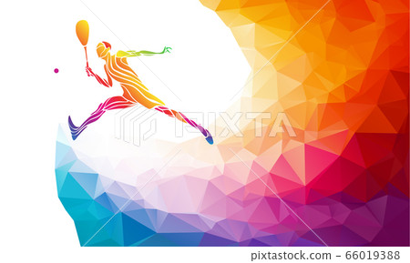 Creative silhouette of female tennis player. Racquet sport vector illustration or banner template in trendy abstract colorful polygon style with rainbow back Creative silhouette of female tennis player. Racquet sport vector illustration or banner template in trendy abstract colorful polygon style with rainbow back 66019388