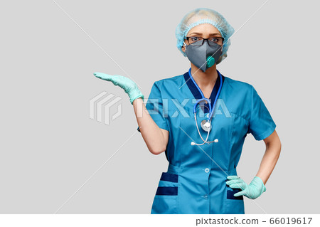 female doctor with stethoscope wearing protective mask and latex gloves over light grey background female doctor with stethoscope wearing protective mask and latex gloves over light grey background 66019617