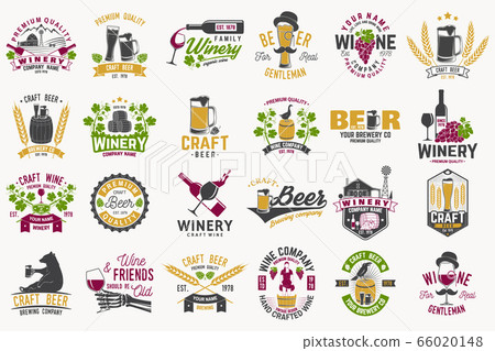 Set of Craft Beer and wine company badges with hops, raven and bear. Vector. Vintage design for winery company, bar, pub and restaurant business. Coaster for beer or wine glasses. 66020148