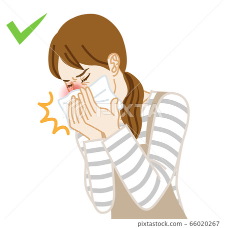 Housewife coughing, covering his mouth with a handkerchief 66020267