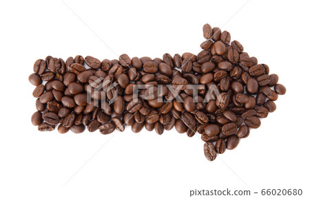 Roasted coffee beans in the shape of arrow studio shot isolated on white background, Healthy products by organic natural ingredients concept 66020680