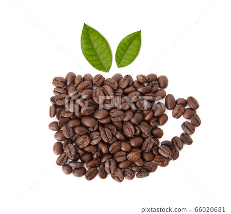 Roasted coffee beans with coffee leaves in the shape of a cup studio shot isolated on white background, Healthy products by organic natural ingredients concept 66020681