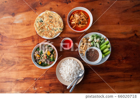 Thai local homemade food set on wooden table. top view 66020718