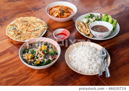 Thai local homemade food set on wooden table. top view 66020719