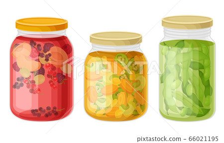 Glass Jars with Preserved Vegetables and Stewed Fruit Vector Set Glass Jars with Preserved Vegetables and Stewed Fruit Vector Set 66021195