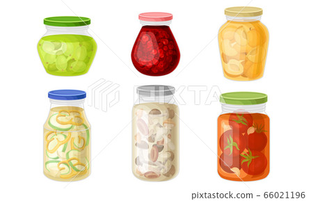 Glass Jars with Preserved Vegetables and Fruit Jam Vector Set 66021196